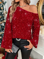 Sequin One Shoulder Long Sleeve Blouse