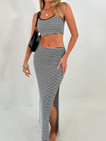 Perfee Striped Halter Neck Top and Slit Skirt Set