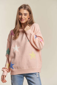 ADORA Stars Pattern Round Neck Drop Shoulder Sweater