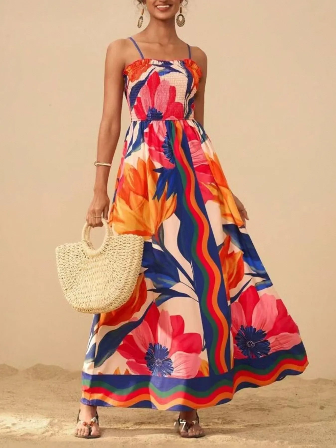 maxi dress origin Smocked Printed Spaghetti Strap Maxi Summer Dress – Sois Inspire