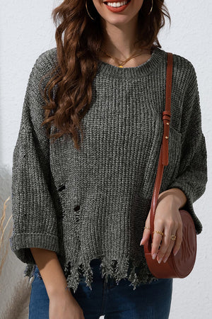 Distressed Round Neck Drop Shoulder Sweater