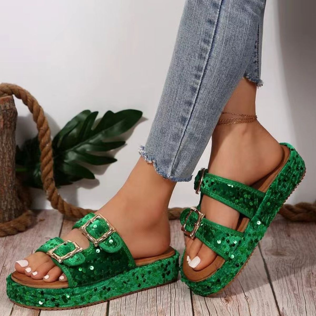 Sequin Trim Open Toe Sandals