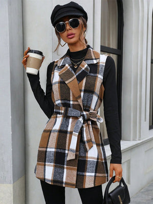 Tied Plaid Collared Neck Vest