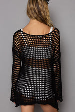 POL Side Slit Openwork Long Sleeve Knit Cover Up