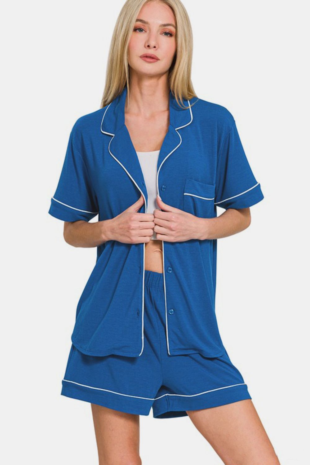 Zenana Button Down Short Sleeve Top and Shorts Lounge Set