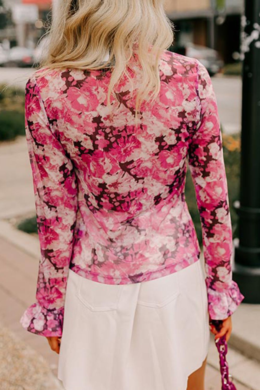 Floral Turtleneck Flounce Sleeve Blouse