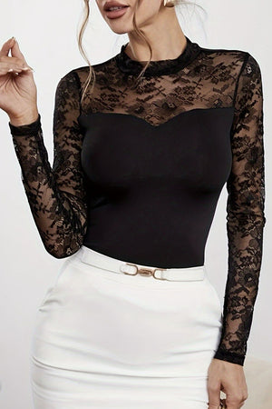 Lace Patchwork Mock Neck Long Sleeve Blouse