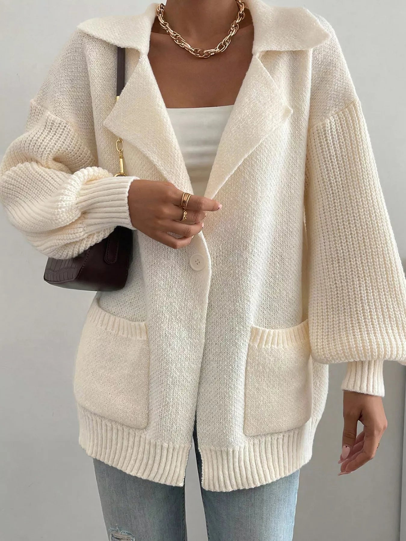 Solid Color Knit Lapel Collar Single Button Sweater Cardigan