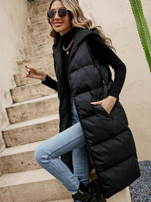 Drawstring Zip Up Hooded Longline Vest Coat