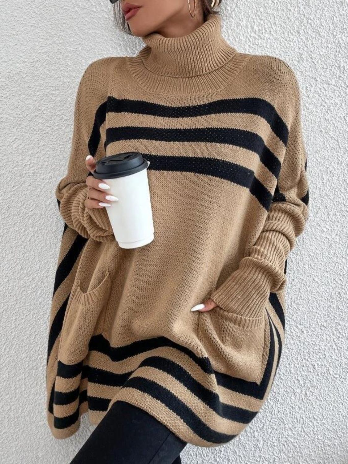 Striped Turtleneck Batwing Sleeve Sweater with Pockets