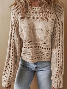 Hollow Out Cable-Knit Boat Neck Sweater