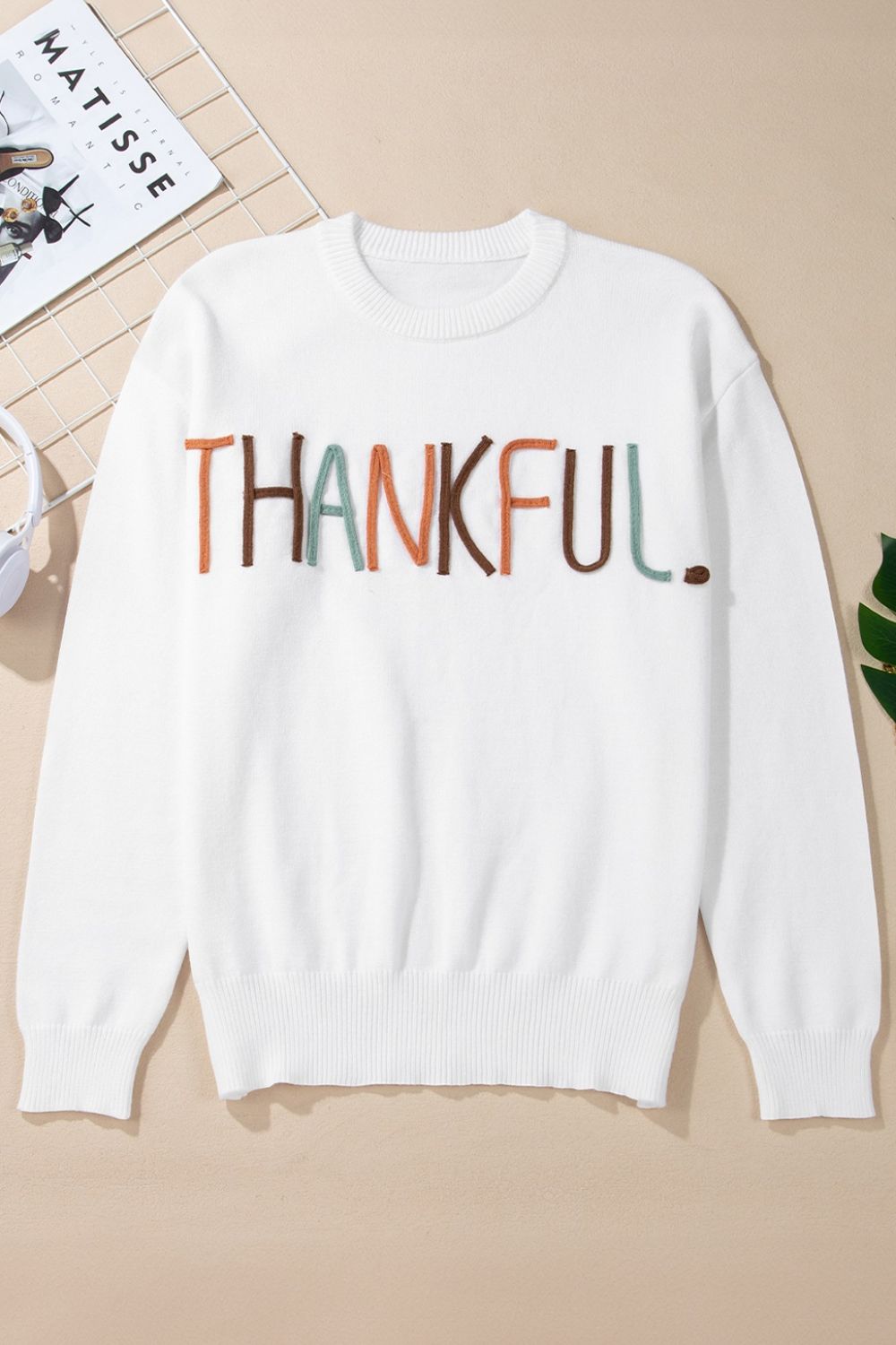 THANKFUL Round Neck Drop Shoulder Sweater