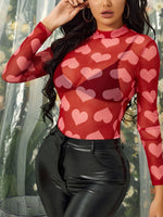 Heart Mock Neck Long Sleeve Sheer Top