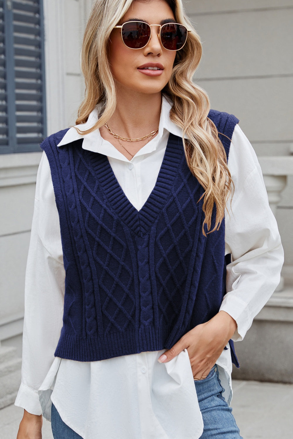 Cable-Knit V-Neck Sweater Vest