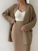 Pocketed Long Sleeve Cardigan and Skirt Sweater Set