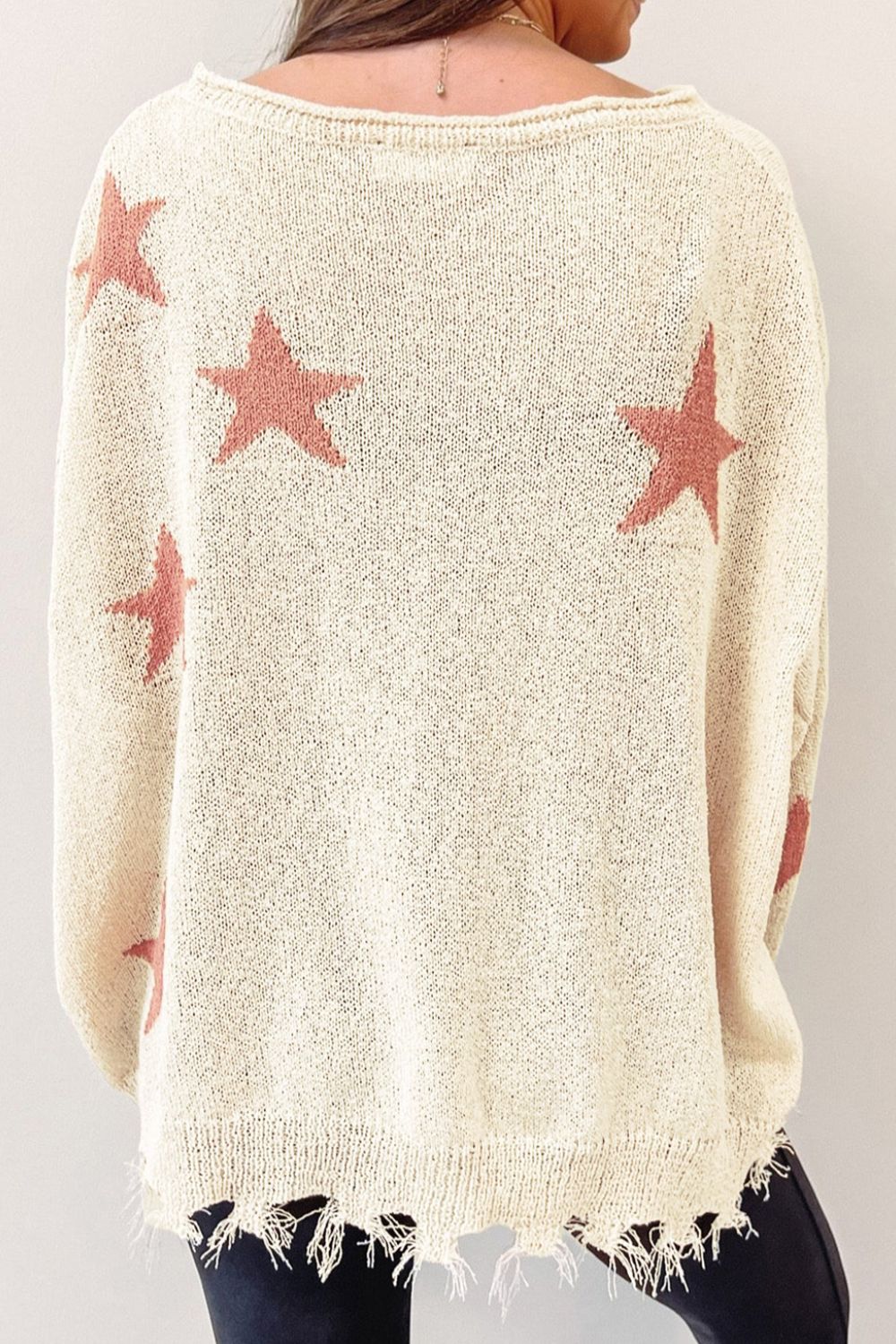 Contrast Star Raw Hem Long Sleeve Knit Top