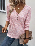 Button Detail V-Neck Long Sleeve Blouse