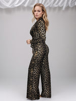 Full Size Leopard Tie Waist Long Sleeve Jumpsuit Plus Size