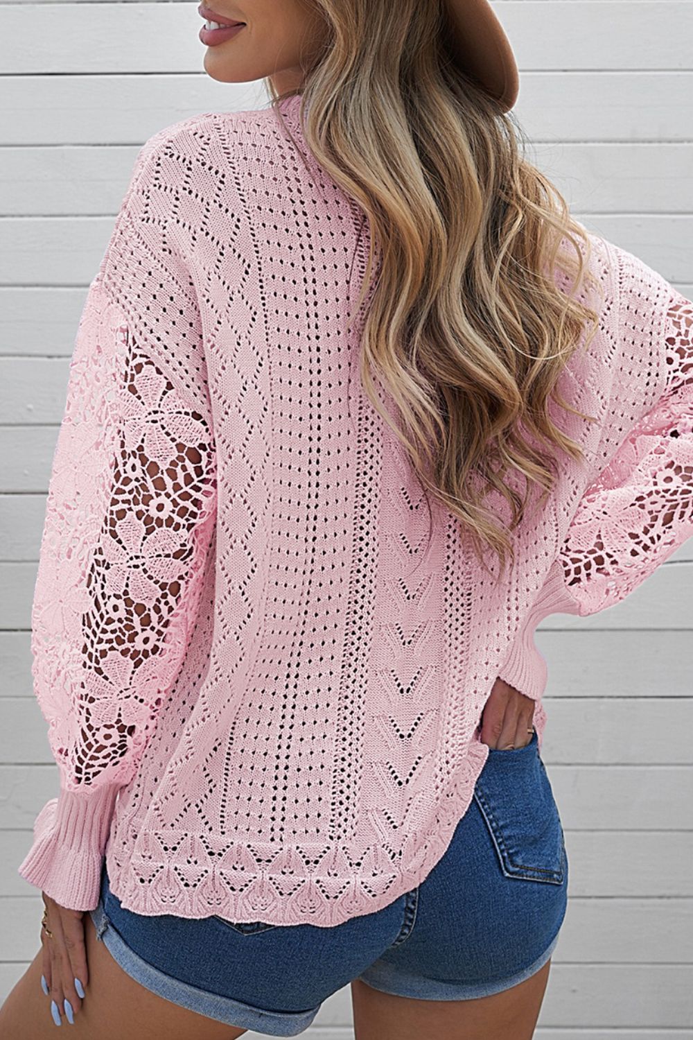 Openwork Round Neck Long Sleeve Sweater