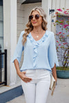 Ruffled V-Neck Three-Quarter Sleeve Blouse