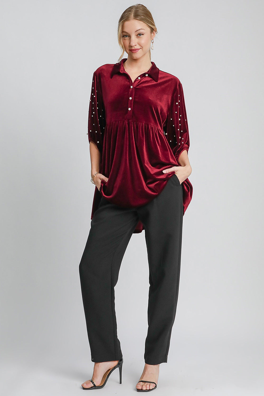 Umgee Pearl Detail Collared Neck Velvet Babydoll Blouse