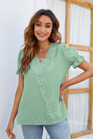 Mandy Swiss Dot Lace Detail V-Neck Short Sleeve Blouse