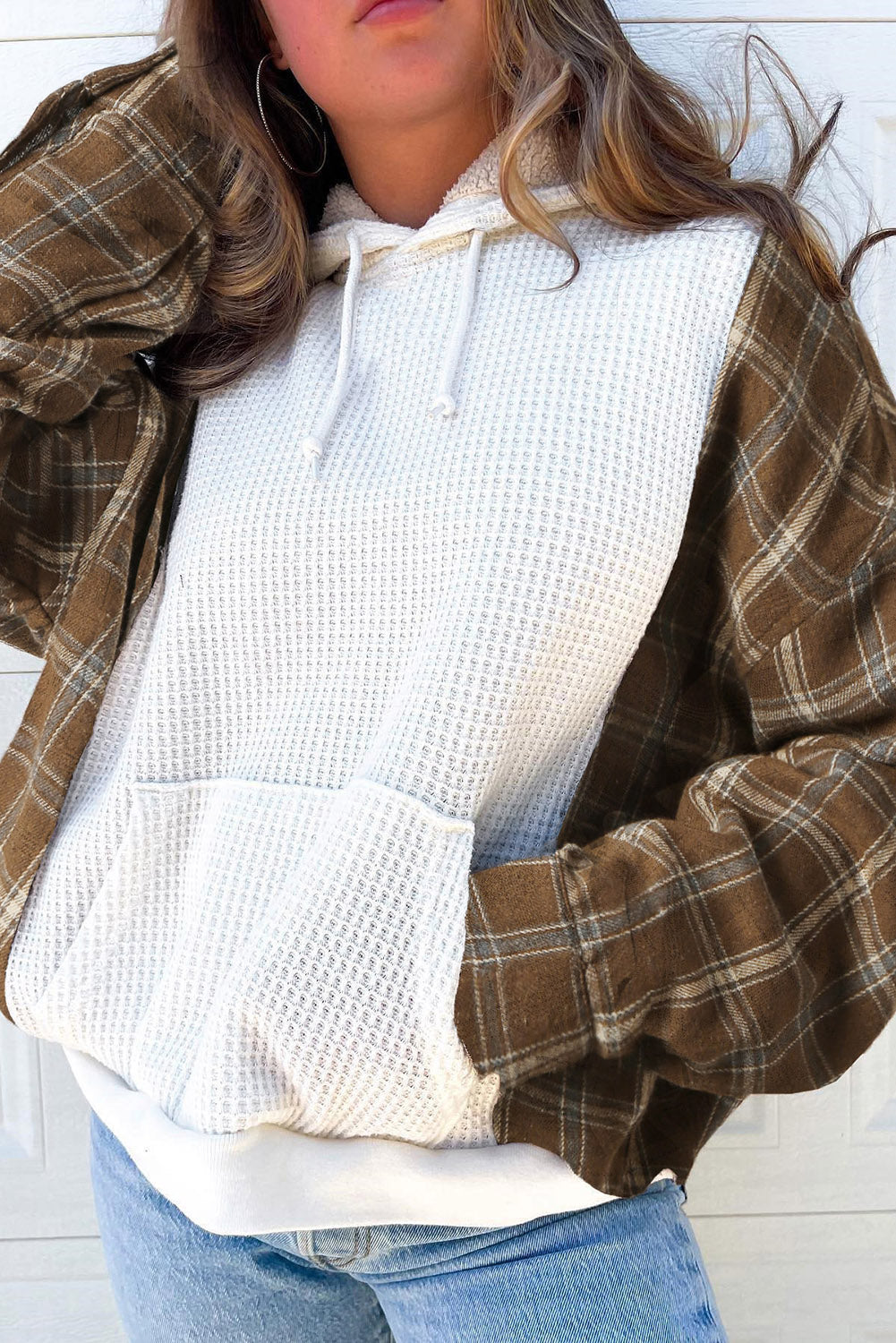 Waffle Knit Plaid Long Sleeve Kangaroo Pocket Hoodie