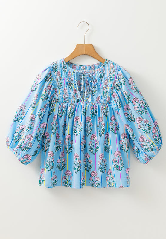 Smocked Floral Print Tie Neck Blouse