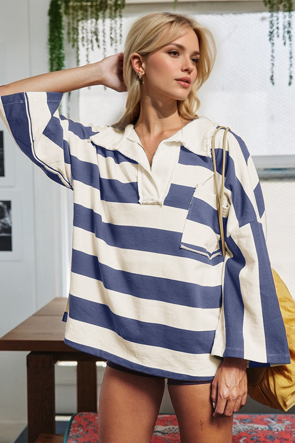 Oh Striped Johnny Collar Long Sleeve T-Shirt