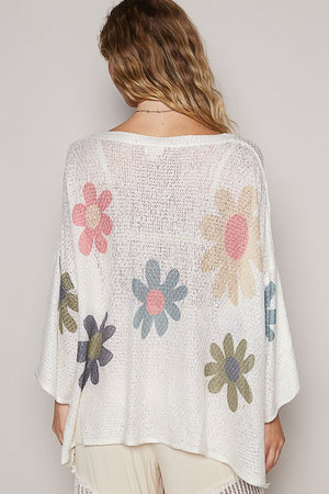 POL Flower Dropped Shoulder Long Sleeve Knit Top