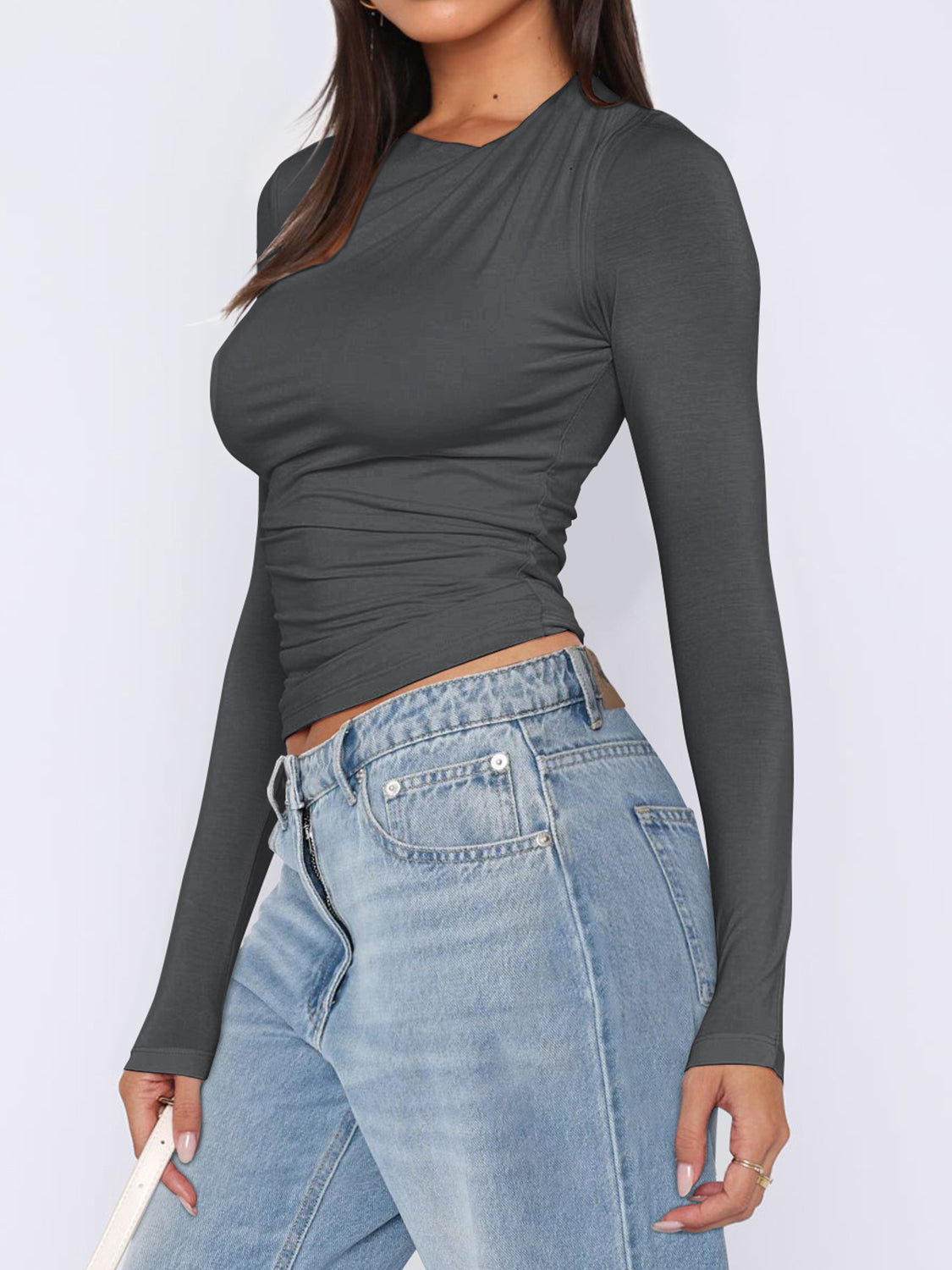 Ruched Asymmetrical Neck Long Sleeve T-Shirt