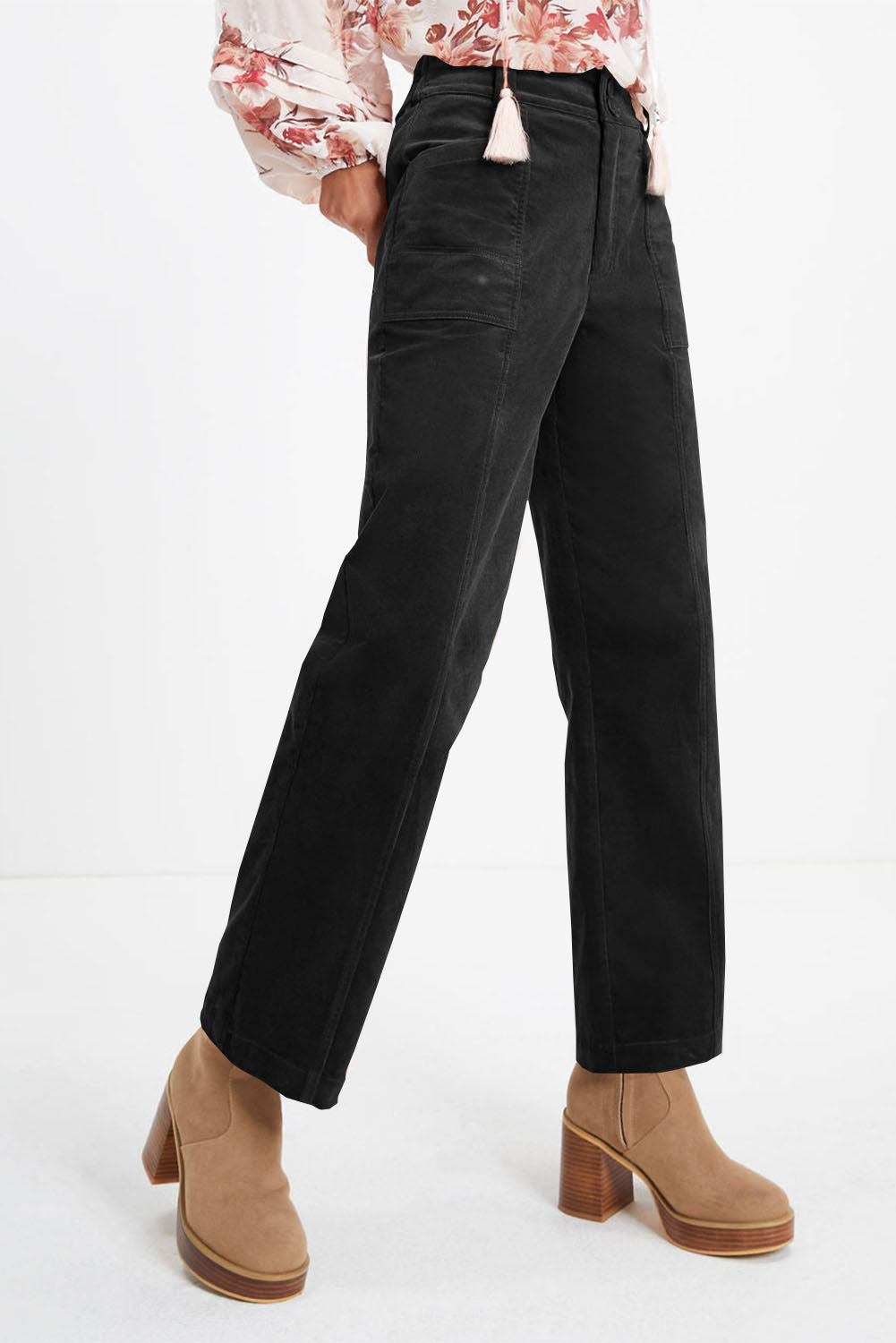 Half Elastic Waist Straight Pants