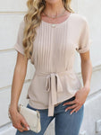 Tied Pleated Round Neck Short Sleeve Top