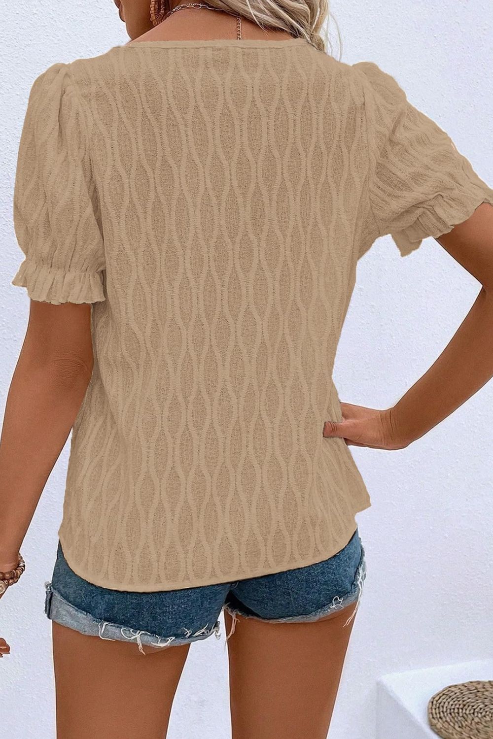 Texture Notched Short Sleeve Blouse