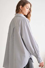 ADORA High-Low Striped Button Down Smocked Lantern Sleeve Shirt