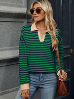 Striped Johnny Collar Long Sleeve Sweatshirt