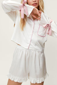 Basic Bae Tied Cuff Collared Neck Top and Frill Shorts Lounge Set