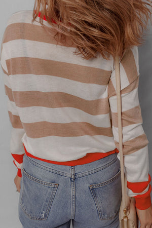 Contrast Striped Round Neck Drop Shoulder Knit Top