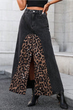 Slit Leopard Midi Denim Skirt