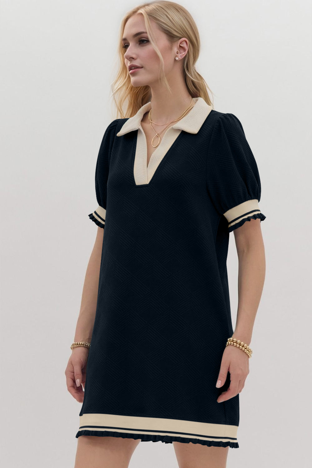 Oh Frill Contrast Trim Johnny Collar Short Sleeve Mini Dress