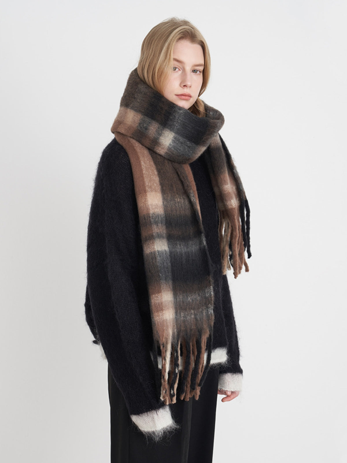 Fringe Plaid Polyester Scarf