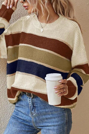 Contrast Striped Round Neck Long Sleeve Sweater