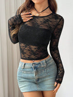 Round Neck Long Sleeve Lace Sheer Top