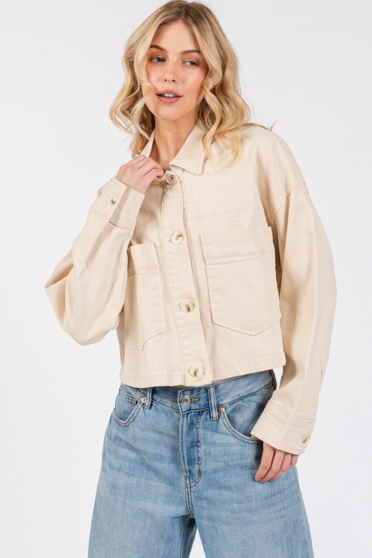 bytos Button Down Cropped Denim Jacket with Patch Pockets