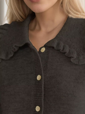 Frill Button Up Collared Neck Long Sleeve Cardigan