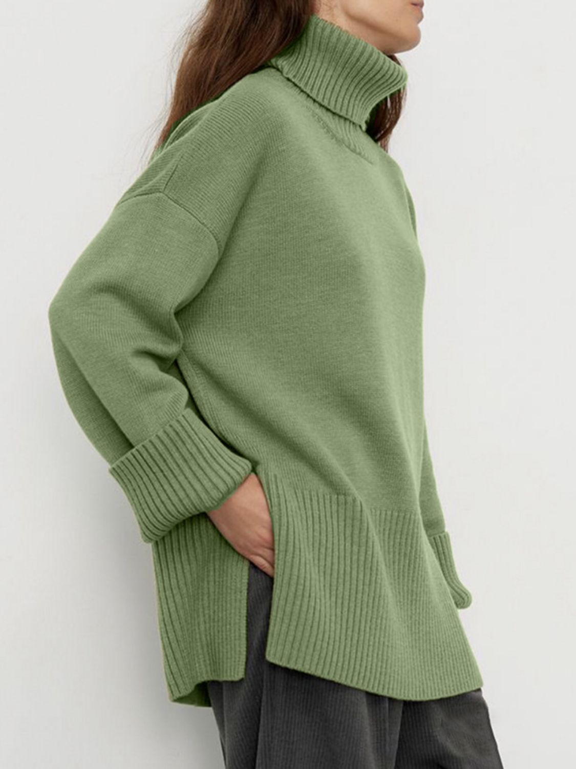 Side Slit Turtleneck Drop Shoulder Sweater