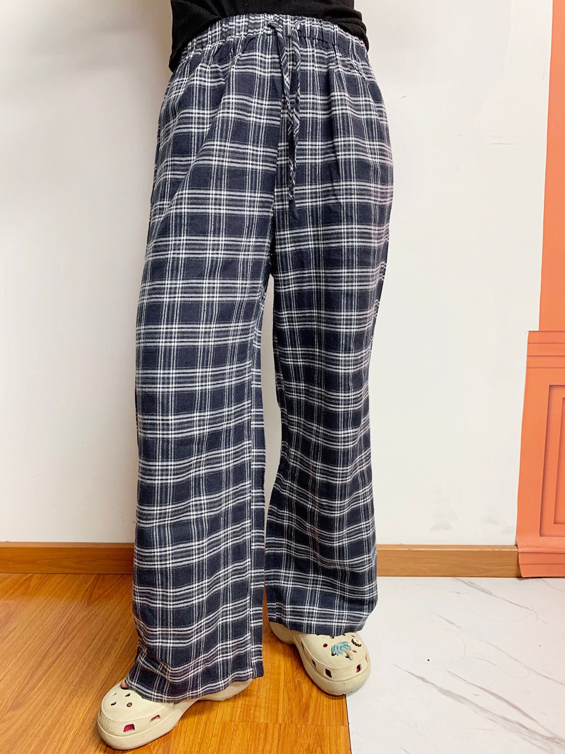 Plaid Drawstring Wide Leg Pants