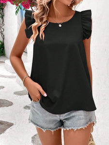 Crisscross Back Ruffled Round Neck Cap Sleeve Blouse