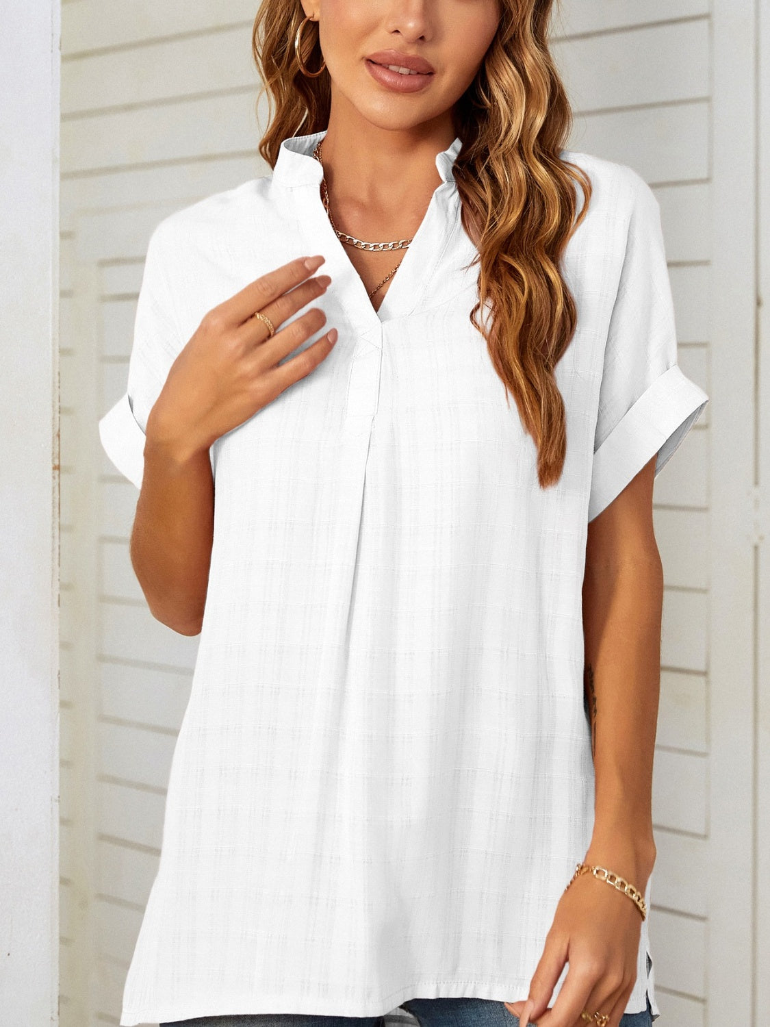 Mandy Side Slit Notched Short Sleeve Blouse