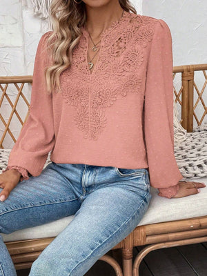 Swiss Dot Lace Detail Notched Long Sleeve Blouse